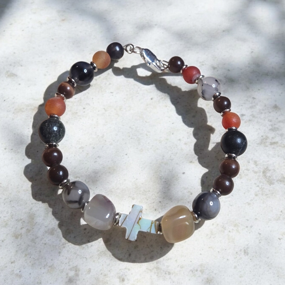 Multistone Mens Abalone Cross Bracelet On Wire With Lobster Claw Clasp
